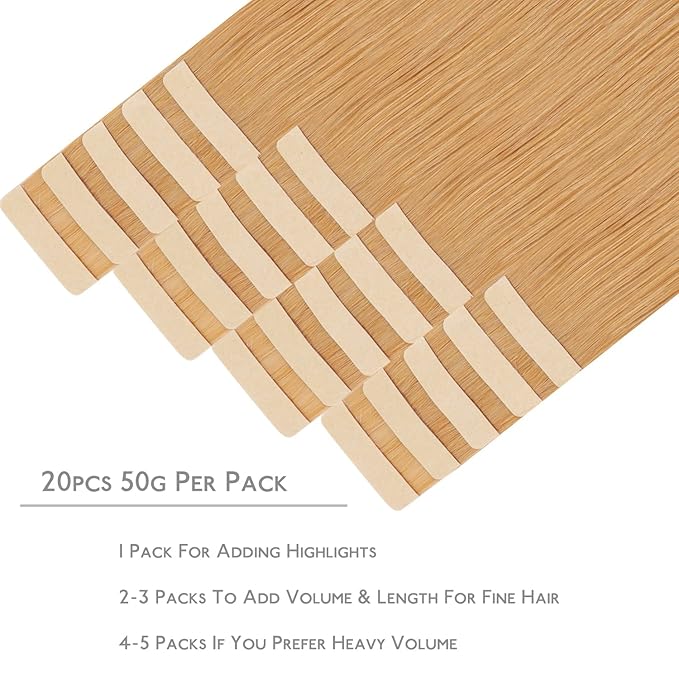 WENNALIFE Tape in Hair Extensions Human Hair, 20pcs 50g 24 inch Strawberry Blonde Remy Hair Extensions Straight Human Hair Tape in Extensions Skin Weft Tape Extensions Human Hair