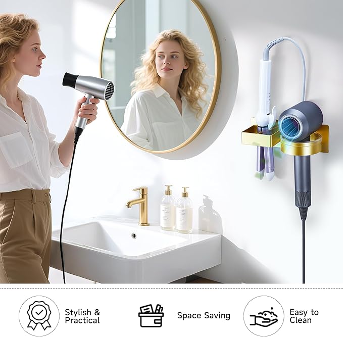 Blow Dryer Holder Wall Mounted, Hair Straightener Holder, Hair Dryer Holder Adhesive, Hair Tool Organizer for Flat Iron, Hairdryer, Curling Iron Holder for Bathroom Vanity Barber Shop (Gold)