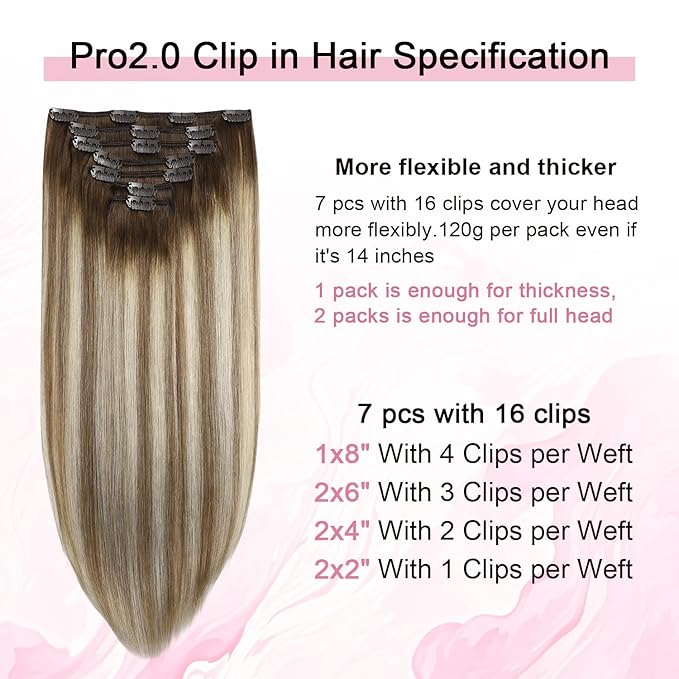 Pro2.0 Clip in Hair Extensions Real Human Hair 22inch 7pcs #3/8/22 Walnut Brown to Ash Brown and Golden Blonde Real Hair Extensions Clip in Human Hair 120g（#3/8/22-22inch）