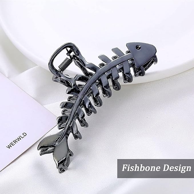 Black Metal Fishbone Hair Clip, 1Pcs - Big Fish Shaped Hair Claw Clips for Women and Girls, Secure Hair Styling and Accessories