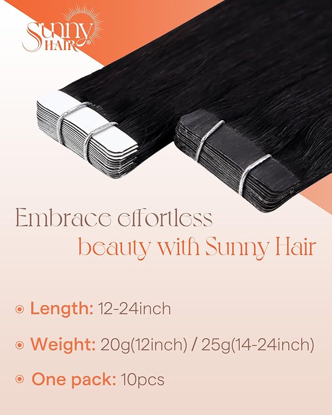 Sunny Hair Tape in Hair Extensions Real Human Hair Invisible Remy Hair Extensions Tape ins for Women Jet Black 22 inch 25G