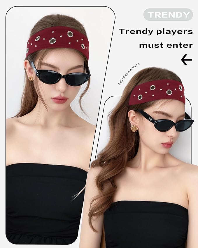 Grommet Headband for Women, Red Round Studs 23cm Hollow Out Elastic Hair Band, Eyelets Punk Grunge Stylish Hairband
