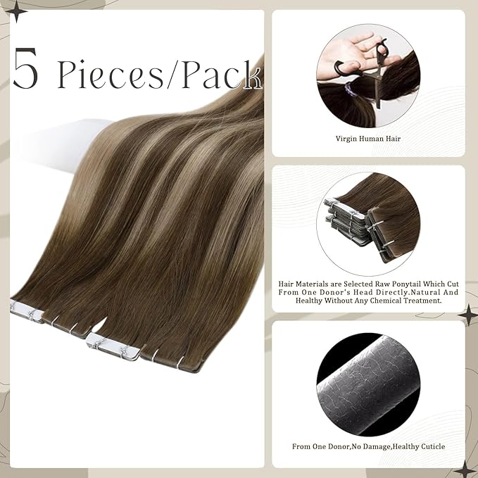 Full Shine Virgin Injection Tape in Hair Extensions Real Human Hair Color 4/27/4 Balayage Tape in Extensions 16 Inch Machine Remy Seamless Human 5Pcs 10Gram Invisible Injected