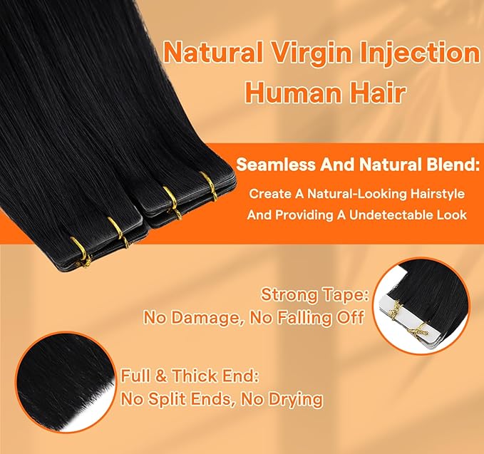 Full Shine Invisible Tape in Extensions 16 Inch Seamless Injection Tape in Virgin Hair Extensions Color Black Mixed Silver injected Machine Remy Virgin Hair 20G 10Pcs for Women