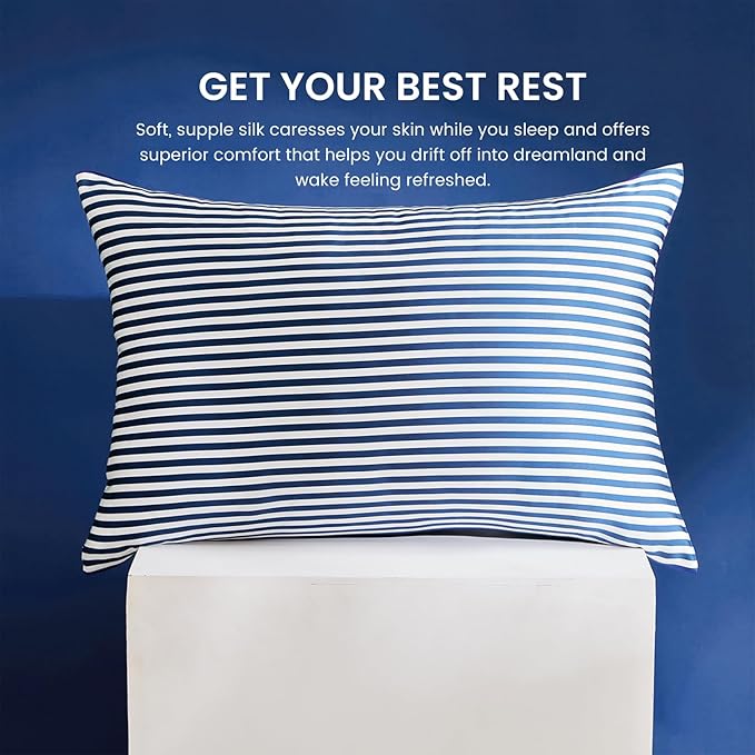 THXSILK Mulberry Silk Pillowcase for Hair and Skin Health, Grade 6A+ Mulberry Silk Pillowcase with Hidden Zipper, Soft and Breathable, 1pc (King 20"x36", Blue White Stripes)
