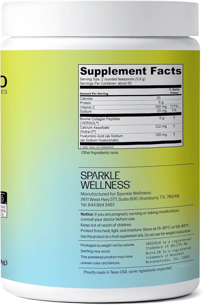 Sparkle Wellness VERISOL Bioactive Hydrolyzed Collagen Peptides | Collagen Powder Supplement with Vitamin C & Hyaluronic Acid for Hair, Skin, and Nail Health | Skin Boost Plus (No Flavor) [50-Serves]