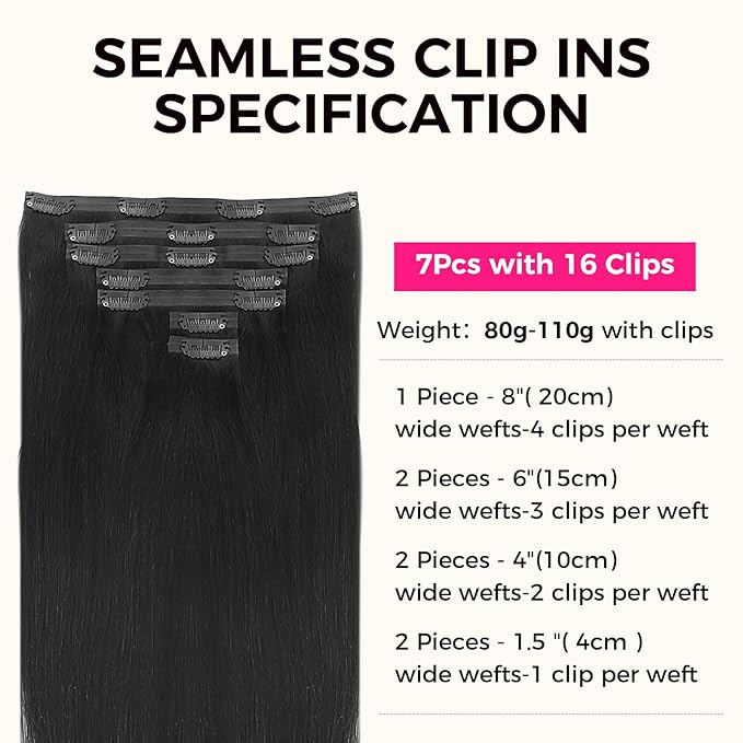 Lashey Seamless Clip in Hair Extensions Real Human Hair, 7pcs 110g Straight Remy Human Hair Extensions 14 Inch #1 Jet Black Natural Thick Clip in Hair Extensions for Black Women
