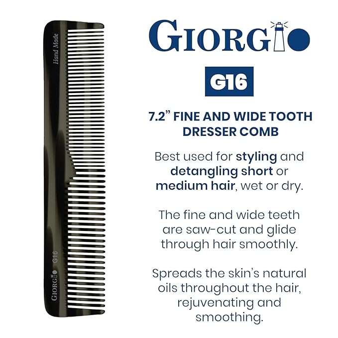 Giorgio G16 Fine Tooth and Wide Tooth Detangler Comb - Hair Comb for Men and for Women - Ideal as a Hair Styling Barber Comb and Detangler - Saw Cut and Handmade (Black Graphite)