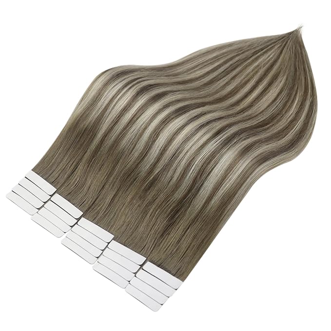 Full Shine Real Hair Extensions Tape in 14 Inch Balayage Brown Ombre Ice Blonde 7/1000/7 Invisible Tape in Hair Extensions Double Sided Tape Soft Natural Hair Extensions 20 Pcs 50G