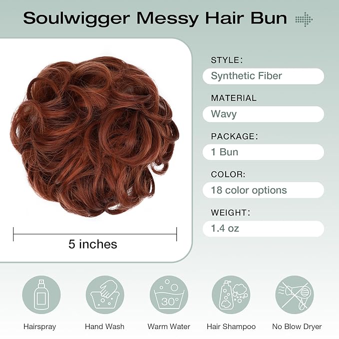 Messy Bun Hair Piece Wavy Curly Scrunchies Fluffy Donut Thick Updo Elegant Chignon Hairpieces for Women Girls, Light Brown Mix Light Auburn 1.4oz