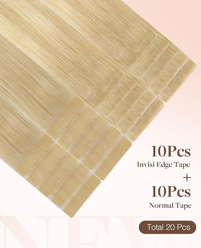 GOO GOO Invisi edge Tape in Hair Extensions Human Hair, 18AP60A Pearl Ash Blonde Highlights 10pcs injected with 10pcs classical tape ins, 22inch 50g, Virgin Human Hair Tape ins