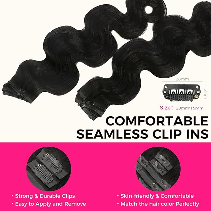 Lashey Seamless Clip in Hair Extensions Human Hair, 7pcs 110g Body Wave 24 Inch #1B Natural Black Remy Human Hair Extensions with Soft Invisi Edge
