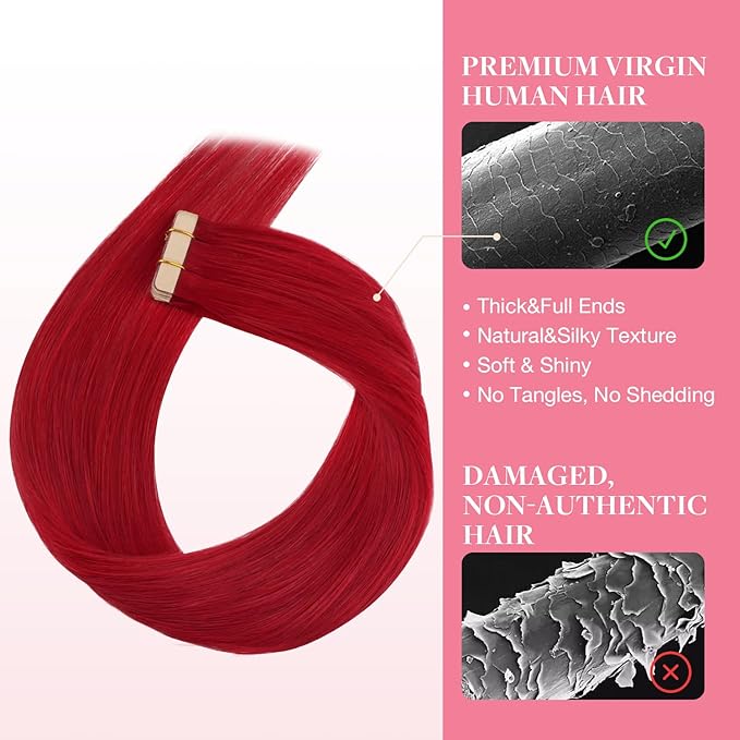GOO GOO Tape in Hair Extensions Human Hair, Red, 12inch 20g 10pcs, Colored Tape ins Human Hair Extensions, Silky&Soft Invisible, Hair Highlighted for Party