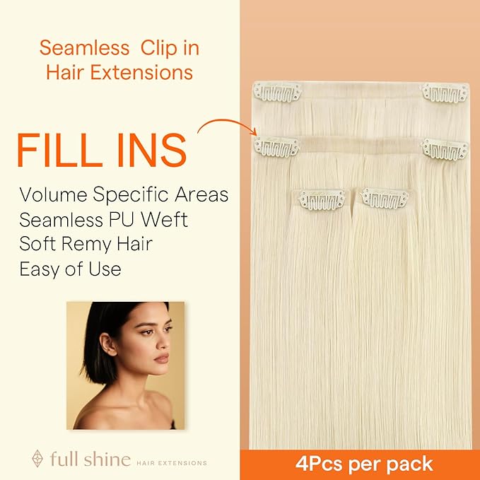Full Shine Blonde Seamless Hair Extensions, Color 1000 Blonde Seamless Clip in Hair Extensions Human Hair, PU Weft Invisible Straight Remy Hair for Thin Hair Add Volume&Coverage, 4Pcs 18 Inch 85 grams