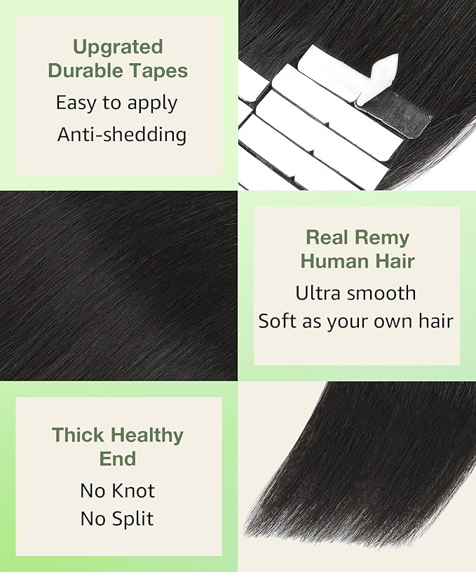 SURNEL 22 inch Tape in Hair Extensions Human Hair 1B Off Black Remy Tape in Hair Extensions 20pcs 50g(#1B-22)