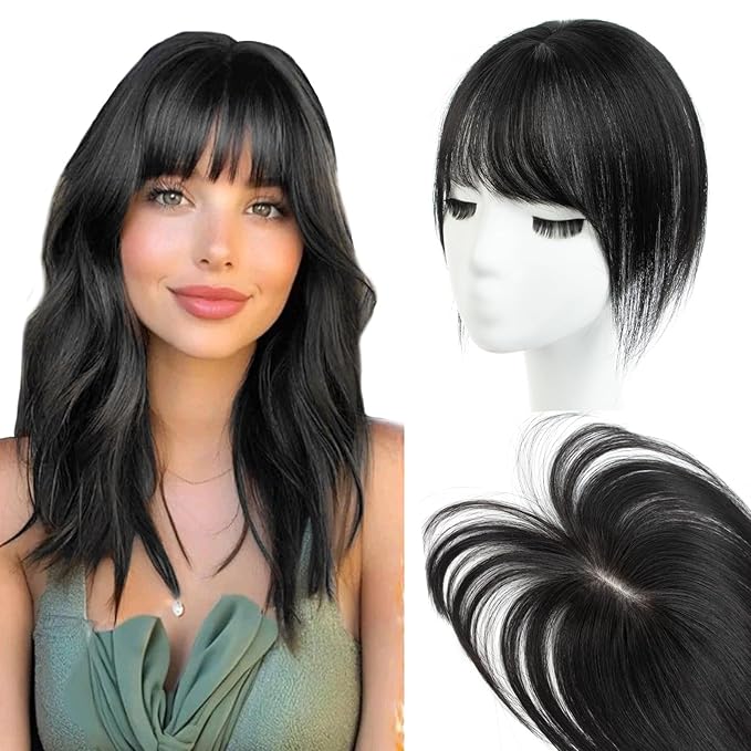 Jet Black Real Human Hair Topper with Bangs Covers Thinning Crown, Receding Hairline for Women 10inch Clip-In Hair Topper for Thinning Hair