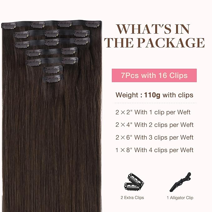 GOO GOO Clip in Hair Extensions Real Human Hair, Remy Human Hair Extensions Clip ins for Women, Natural Human Hair, 12inch 85g 7Pcs, #2A Light Brown