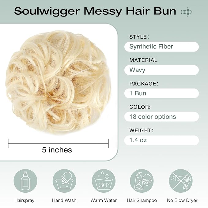 Messy Bun Hair Piece Wavy Curly Scrunchies Fluffy Donut Thick Updo Elegant Chignon Hairpieces for Women Girls, Bleach Blonde 1.4oz