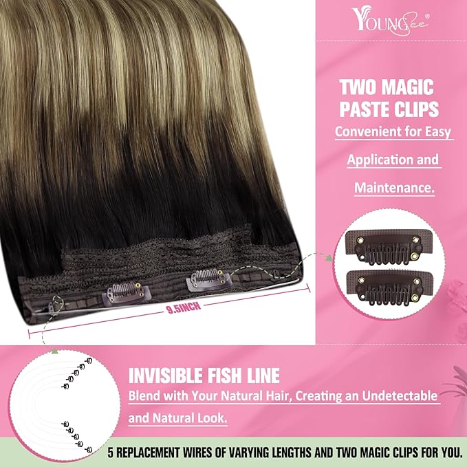 YoungSee Wire Hair Extensions Balayage Wire Hair Extensions Real Human Hair Ombre Fish Line Extensions Dark Brown Roots to Medium Brown with Blonde Dyable Remy Hair 14Inch 80G