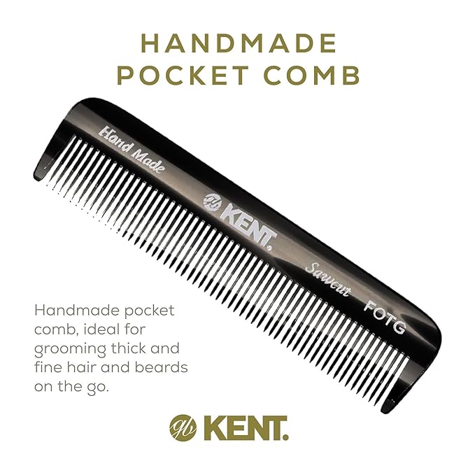 Kent FOT Black Graphite Fine Tooth Comb for Men - Handmade Pocket Comb for Travel, Styling, Fine or Thinning Hair, Mustache and Beard Care Handpolished Saw-Cut Made in England