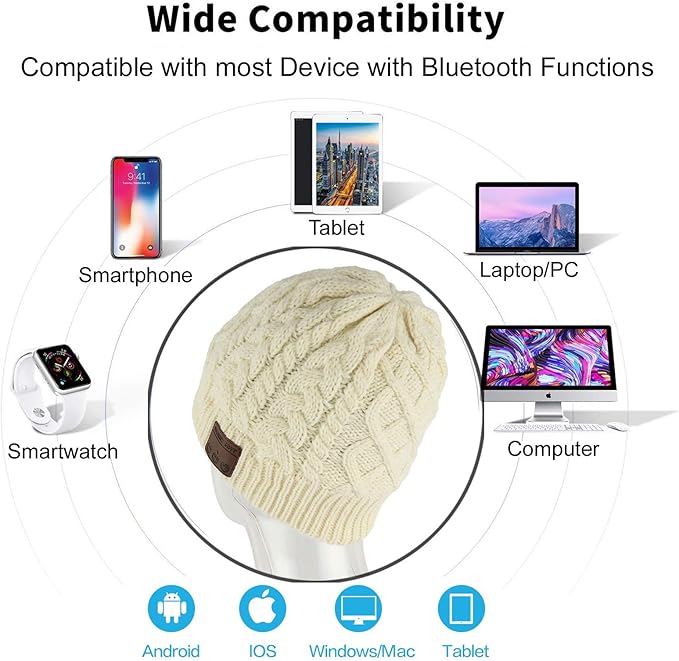 Wireless Beanie Hat for Men Women Wireless Headset Headphones Music Audio Boys Girls Winter Cap with Speaker Mic Hands Free Outdoor Sport Stereo Earphone Earpieces Warm White