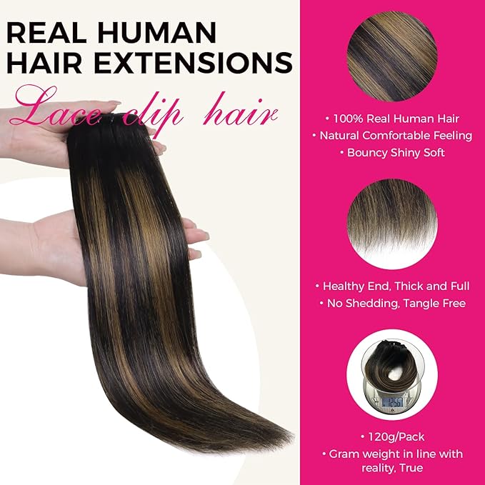 Lashey Clip in Hair Extensions Real Human Hair 7pcs 120g Straight Natural Black Mixed Chestnut Brown Hair Extensions Clip ins for Black Women 16 Inch