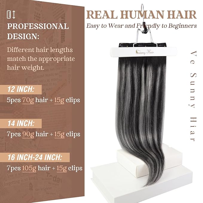 Ve Sunny Human Hair Clip in Extensions Black Ombre Clip in Hair Extensions for Women Clip Hair Extensions Real Human Hair Long Hair Extensions Natural Black Balayage Grey Silver 7pcs 120g 24inch
