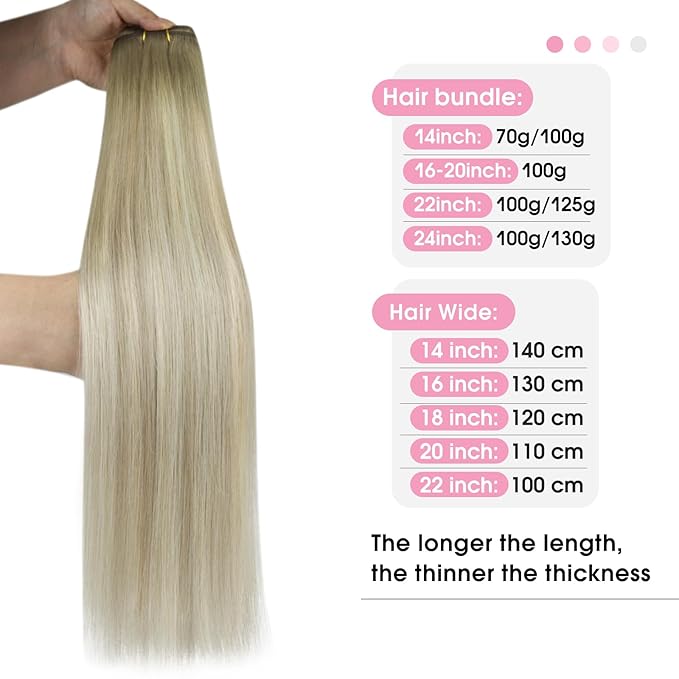 YoungSee Blonde Human Hair Weft Extensions Long Straight Hair Extensions Sew in Ombre Double Weft Human Hair Extension Ash Blonde Mix Platinum Blond Balayage 24Inch 100G