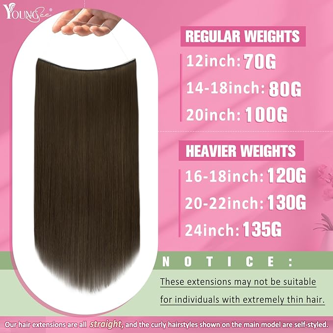 YoungSee Invisible Wire Hair Extensions Real Human Hair Brown Wire Hair Extensions Brown Fish Line Hair Extension Human Hair Add Length and Volume 20 Inch 100g