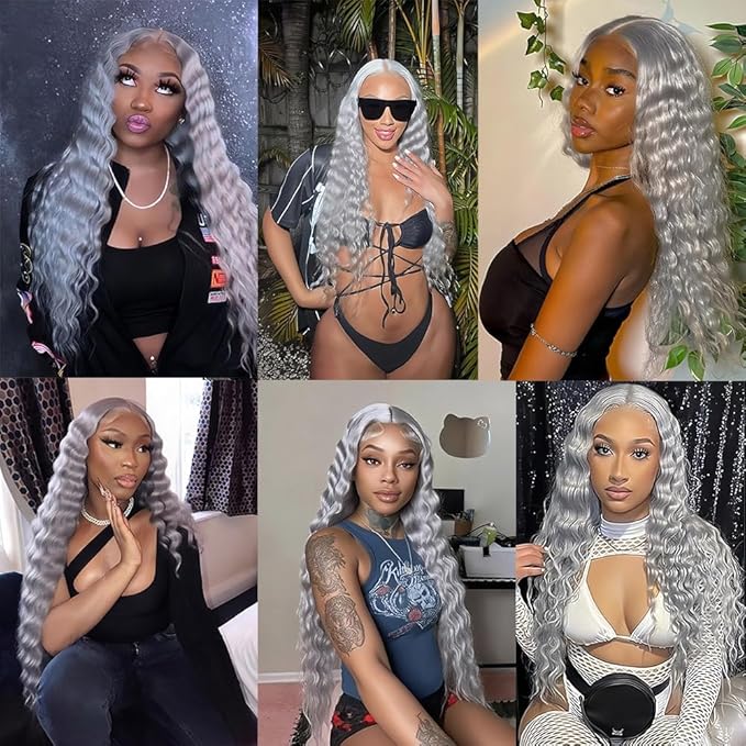 Grey Bundles Human Hair Silver Deep Wave Bundle Niegmeag Brazilian Virgin Remy Hair 3 Bundles 26 28 30 Inch Double Weft Soft And Silky Gray Deep Wave Bundle