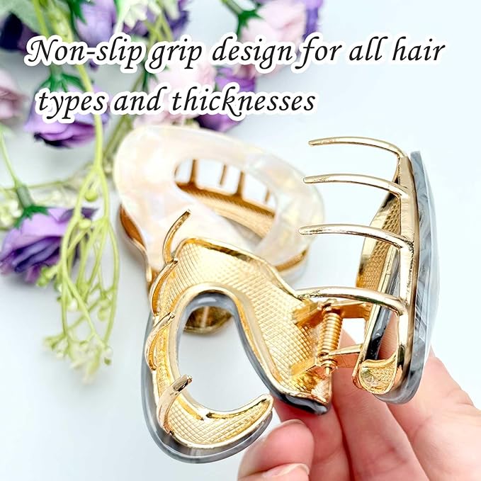 2Pcs Marble Pattern Hair Clips for Women - Non-Slip Grip Metal Claw Clip, Geometric Design Hair Accessories for Thin/Thick Hair, Cute Hair Styling Barrettes, 2.36 Inch