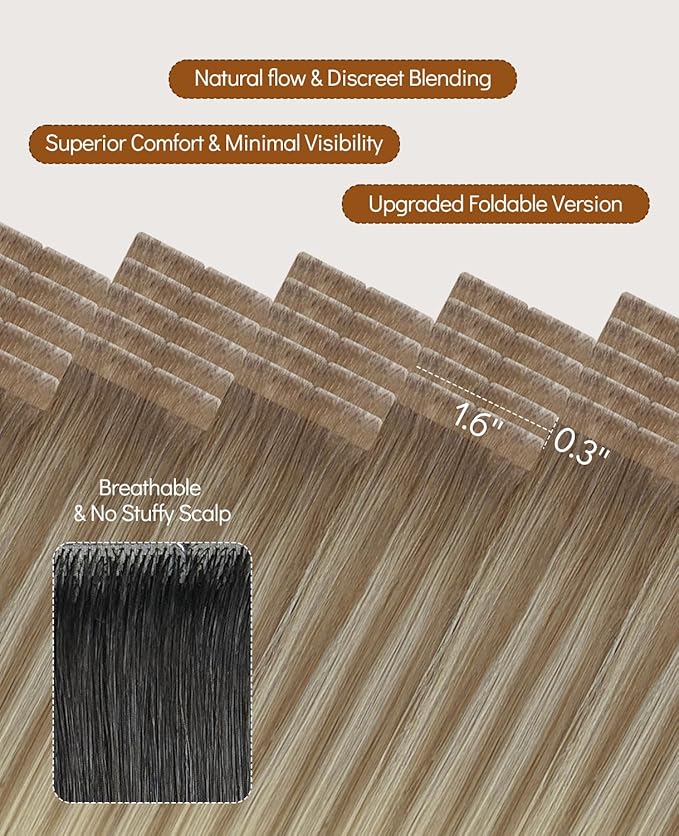 VINBAO Invisi Edge Tape in Hair Extensions 50g Balayage Ombre Brown to Platinum Blonde Injection Tape in Hair Extensions Real Human Hair 20pcs Natural Blend 18inch #8T60