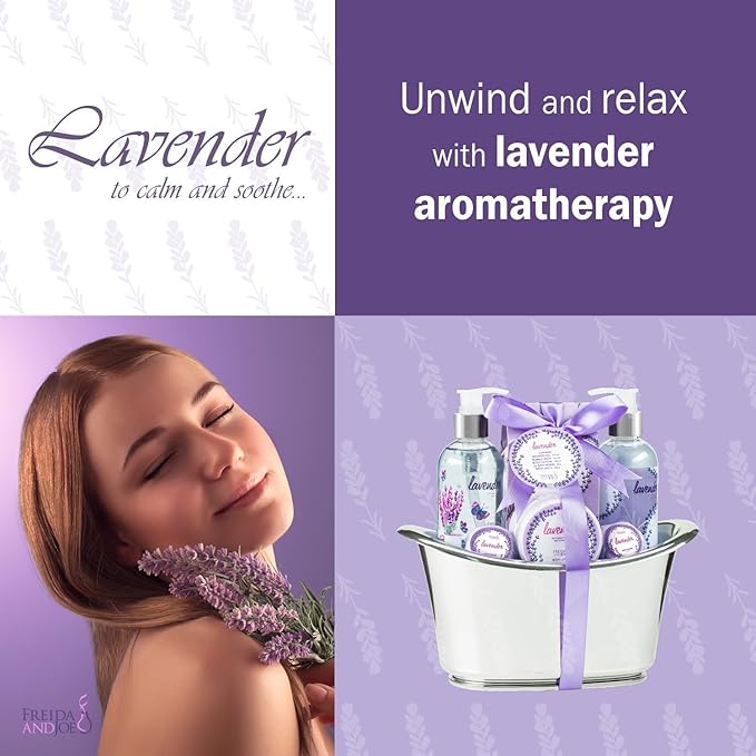 Aromatherapy Essentials Spa Set for Women in Large Silver Tub Bath Set Includes 2 Bath Bombs, Body Lotion, Bath Salts, Shower Gel, and Bubble Bath (Lavender)