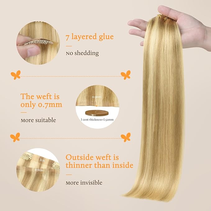 DOORES Hair Extensions Seamless Clip in Real Human Hair, DirtyBlonde Highlight Golden Blonde 18 Inch 110g 7pcs, Human Hair Extensions Skin Weft Remy Straight Hair Invisi Edge Hair Extensions