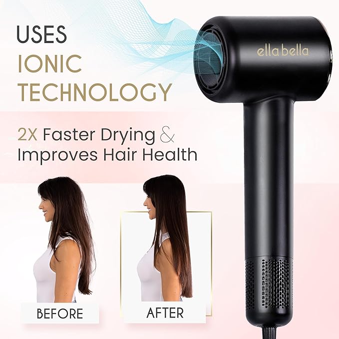 ELLA BELLA® Compact Plasma Hair Dryer, Advanced Plasma Technology Blow Dryer with Digital Display, Rapid Drying, Low Noise, & Luxury Velvet Travel Bag - Includes Diffuser & Nozzle- for All Hair Types