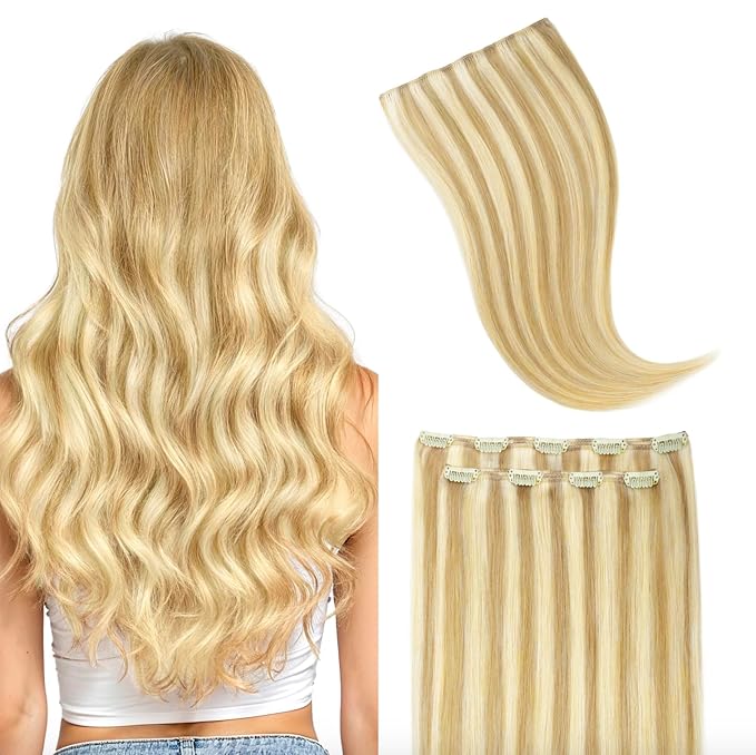 GOO GOO Clip in Hair Extensions Real Human Hair, Remy Human Hair Extensions Clip ins for Women, Natural Human Hair, 18inch 70g 2Pcs, #16/22 Light Blonde Highlighted Golden Blonde