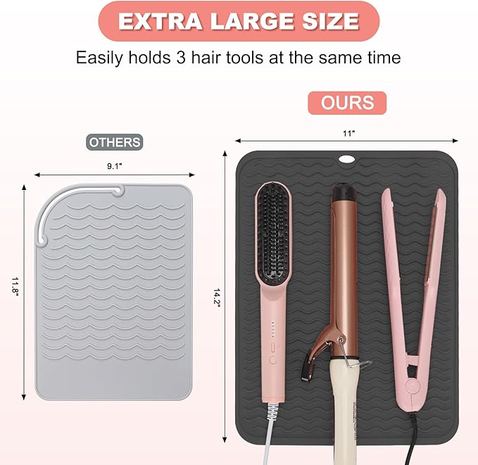 Oversize Silicone Heat Resistant Mat for Curling Irons, Hair Straighteners, Flat Irons and Hot Hair Styling Tools, Portable Wrap Pad Cover for Vanity, Travel, Salon(14.2" x 11.0")