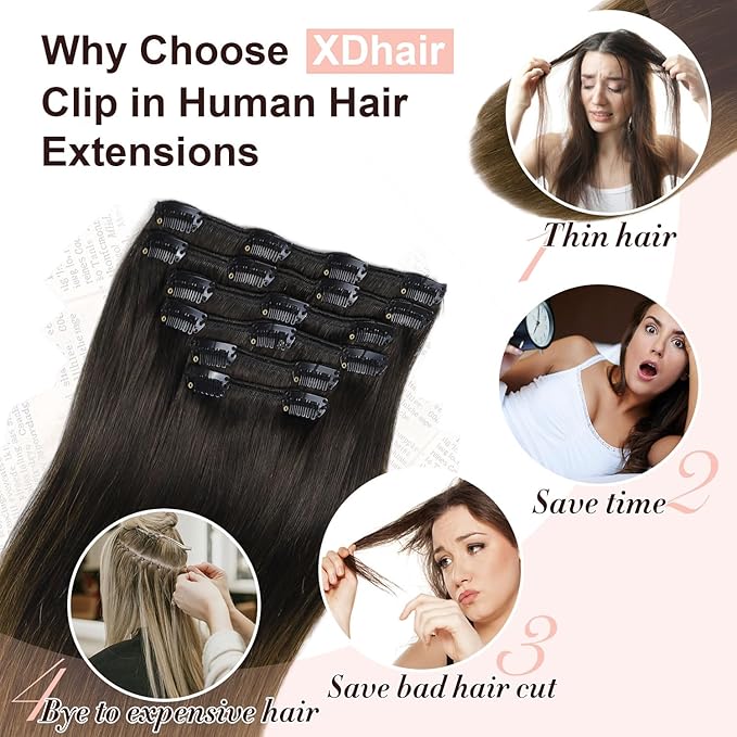 XDhair Clip in Hair Extensions Real Human Hair 100g 6Pcs Ombre Color Natural Black to Medium Brown Clip in Hair Extensions Natural Soft(#1BT4, 14 inch)