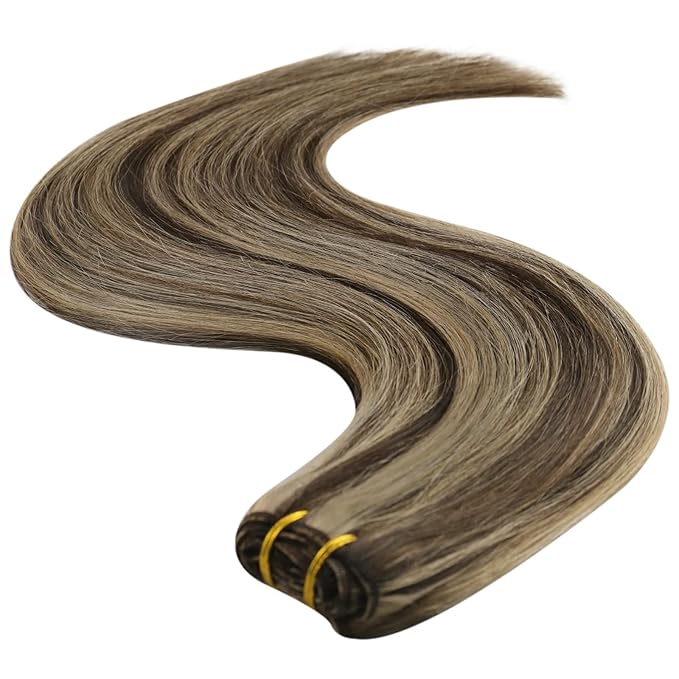 YoungSee Human Hair Weft Extensions Brown Highlight Sew in Hair Extensions Real Human Hair Dark Brown Mix Caramel Blonde Sew in Extensions Long Straight Hair 100G 24Inch