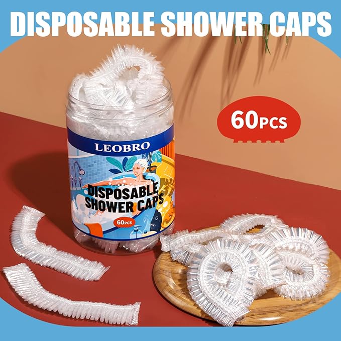 LEOBRO Shower Caps, 60PCS Large Disposable Shower Caps for Women, Plastic Shower Cap, Plastic Cap for Hair Treatment, Travel, Large Size 19.3 INCH