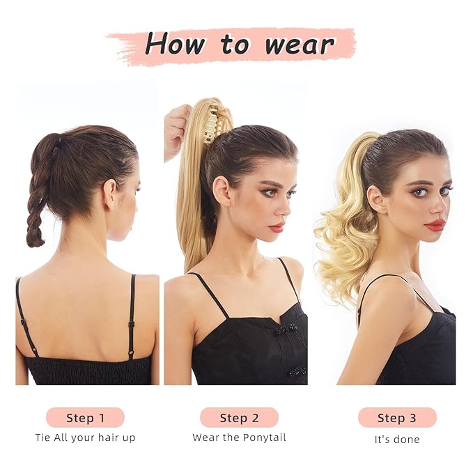 Ponytail Extension, Clip on Ponytails for Women, 12" Claw Clip in Short Curly Wavy Pony Hair Extension for Women - Brunette