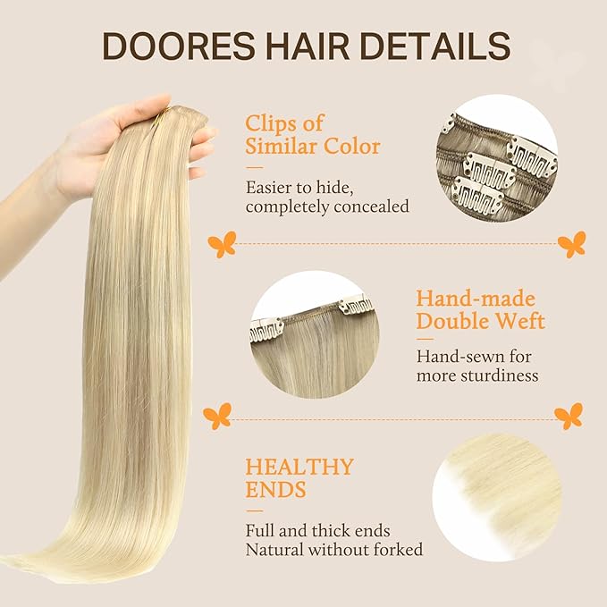 DOORES Classic Clip Seamless Clip, 5pcs 75g 14 Inch Balayage Ash Blonde to Golden Blonde and Platinum Blonde