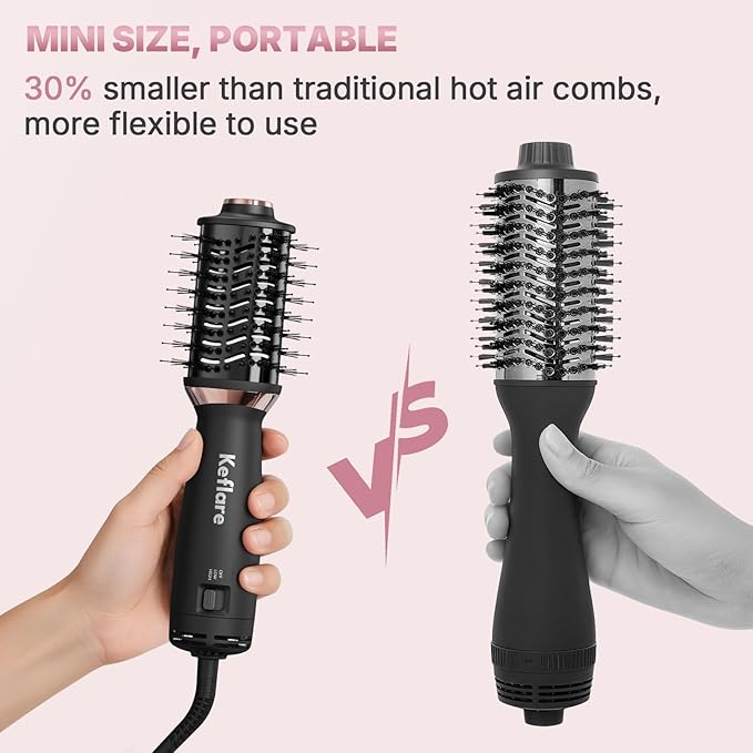 Mini Dual Voltage Hair Dryer Brush, 2-in-1 Hot Air Brush for Travel, One Step Blow Dryer & Styler for Drying, Smoothing and Volumizing Hair