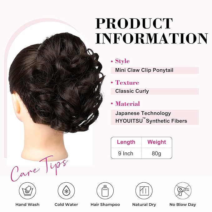 REECHO Ponytail Extension, 9" Short Curly Wavy Claw Clip Synthetic Fiber Pony tails Hair Extensions HP001 Hairpieces for Women - Deep Brown