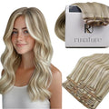 RUNATURE Clip in Hair Extensions Real Human Hair, Blonde Hair Extensions Clip Ins, Remy Human Hair Clip in Extensions, Short Straight Hair 12 Inch 80g 7pcs #8P60 Ash Brown Highlight Platinum Blonde