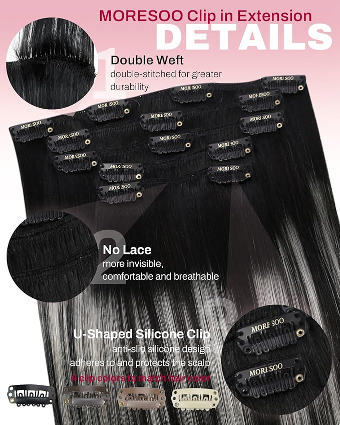 Moresoo Silver Clip in Hair Extensions Balayage Black and Silver Hair Extensions Clip ins Human Hair Ombre Remy Straight Human Hair Clip in Extensions 5Pcs 80G 12inch