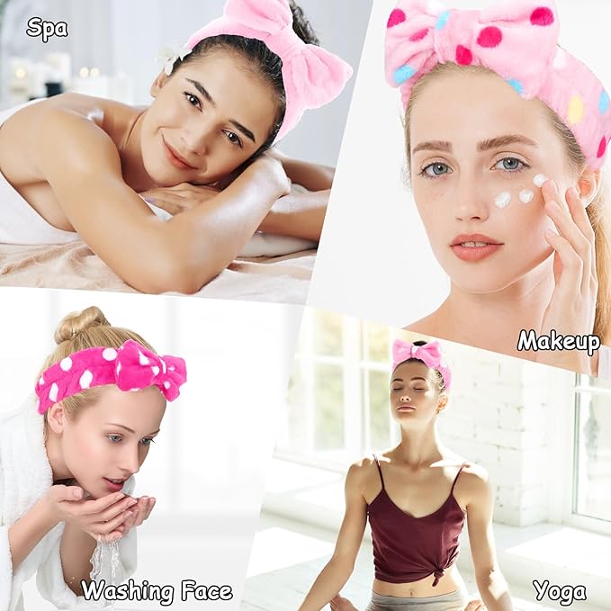 Casoty 6 Pcs Spa Headbands, Hair Holder for Washing Face, Soft Coral Fleece Facewash Headband, Bow Hair Bands, Beauty Headbands for Face Washing Shower Skin Care Yoga