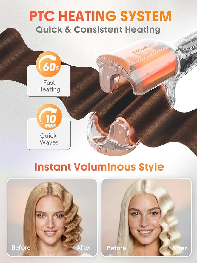 SHEGLAM 0.75" Deep Waver for Short Hair Lightweight, Dual Voltage, Smart Timer Hair Tool Crimper Double Barrel & Adjustable Temps Anti-Scald, Easy to Use