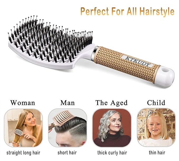 Detangling Brush Boar Bristles Set KTKUDY Hair Brush Curved and Vented Detangler Brush for Women Men Kids Wet and Dry Hair (Red&White)