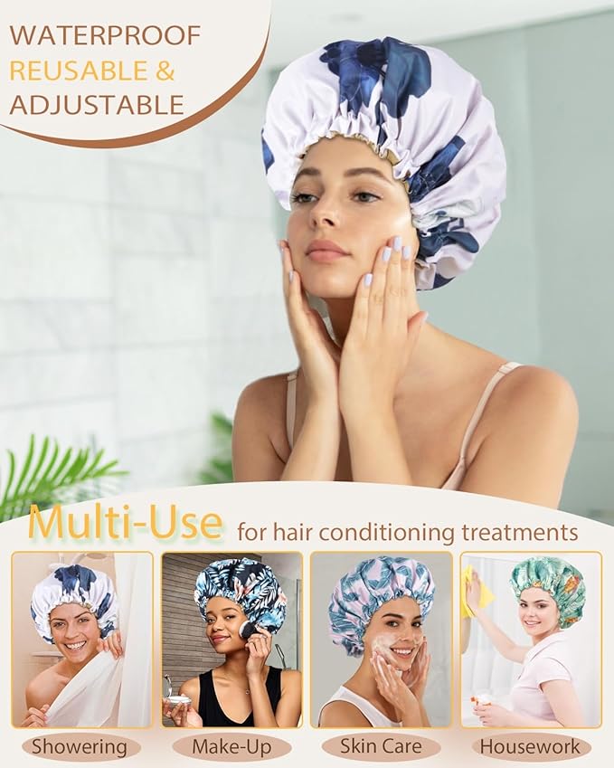 Large Shower Caps for Women Reusable Waterproof Satin Lined Shower Cap with Adjustable Band Double Layer Design Luxury Washable Bath Hair Bonnet (Blue Flower)